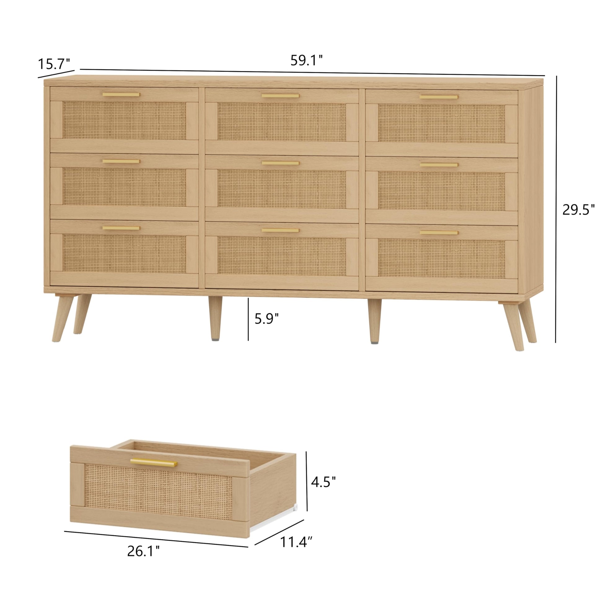 Keehusux Rattan 9 Drawer Dresser for Bedroom, Accent Storage Dresser with Solid Wooden Legs, Long Chest of Drawers with Metal Handles for Closet, Living Room, Entryway, Natural KES003MDG - WoodArtSupply