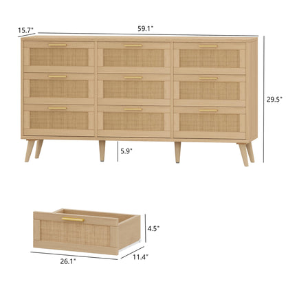 Keehusux Rattan 9 Drawer Dresser for Bedroom, Accent Storage Dresser with Solid Wooden Legs, Long Chest of Drawers with Metal Handles for Closet, Living Room, Entryway, Natural KES003MDG - WoodArtSupply