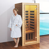 springspa Far Infrared Sauna 1 Person Indoor Sauna Spa Room, Canadian Hemlock Wooden Infrared Saunas for Home with Low Emf Lighting, Bluetooth Speakers, LCD Control Panel, 9 Chromotherapy springspa