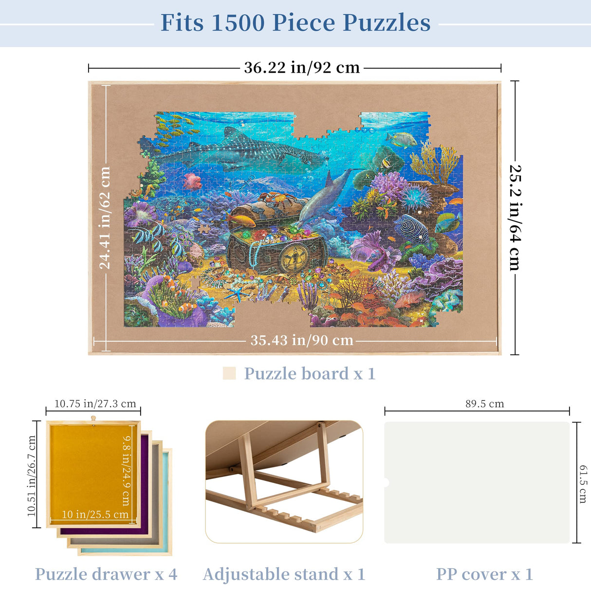 Becko US 1500-Pc Tilting Jigsaw Puzzle Board with 4 Colorful Drawers & Cover, Adjustable Puzzle Table with Built-in Easel/Stand, Portable Tables with Storage for Adults, with Premium Flannel Tabletop Becko US