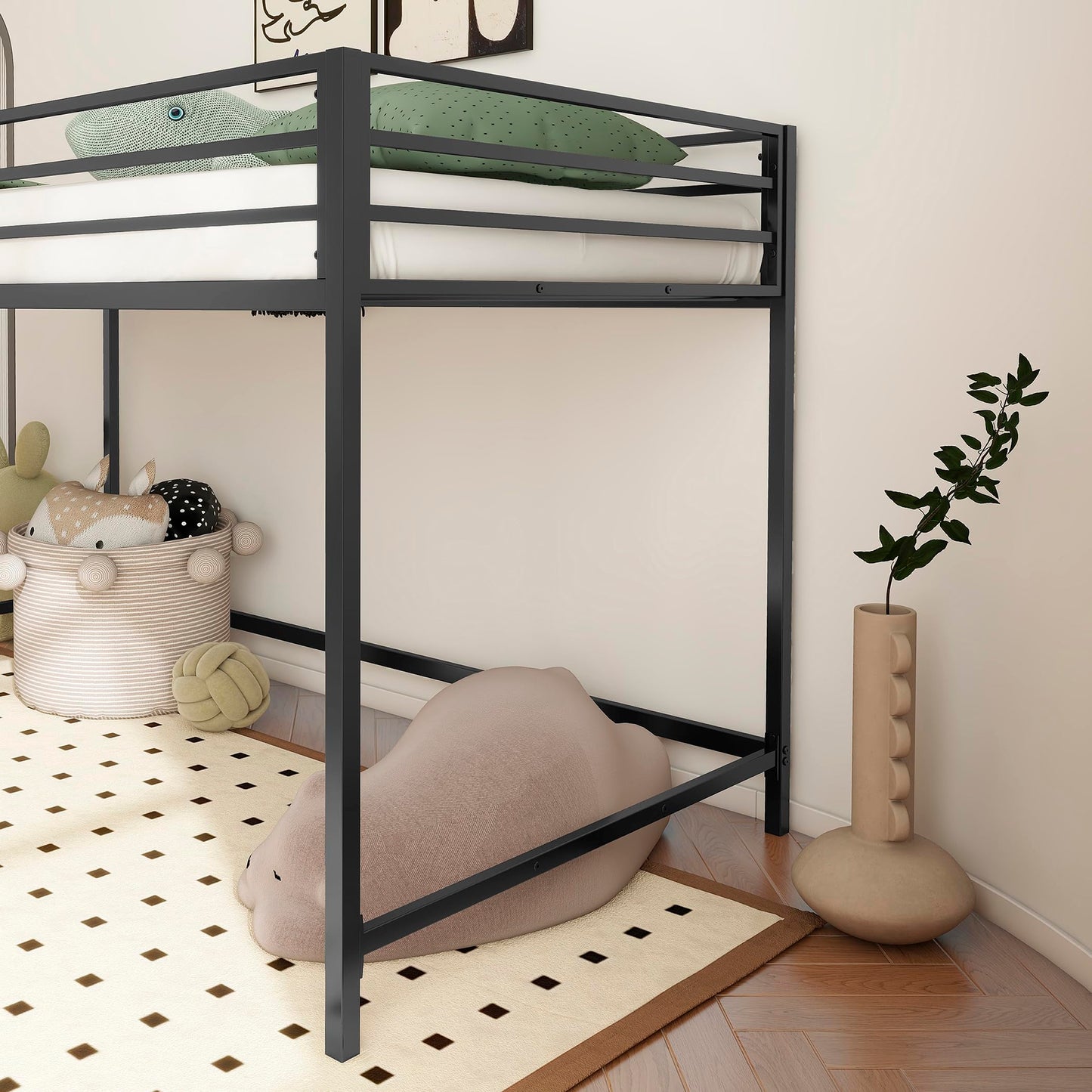 Twin Size Low Loft Bed for Kids,Metal Loft Bed Frame for Boys Girls,Kids Loft Bed Twin Size,Junior Low Loft Bed, Black