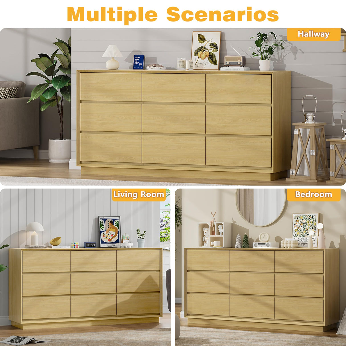 wanan 63'' Wooden Dresser for Bedroom, Large Dresser with 9 Deep Chests of Drawers for Bedroom, Living Room, Closet wanan