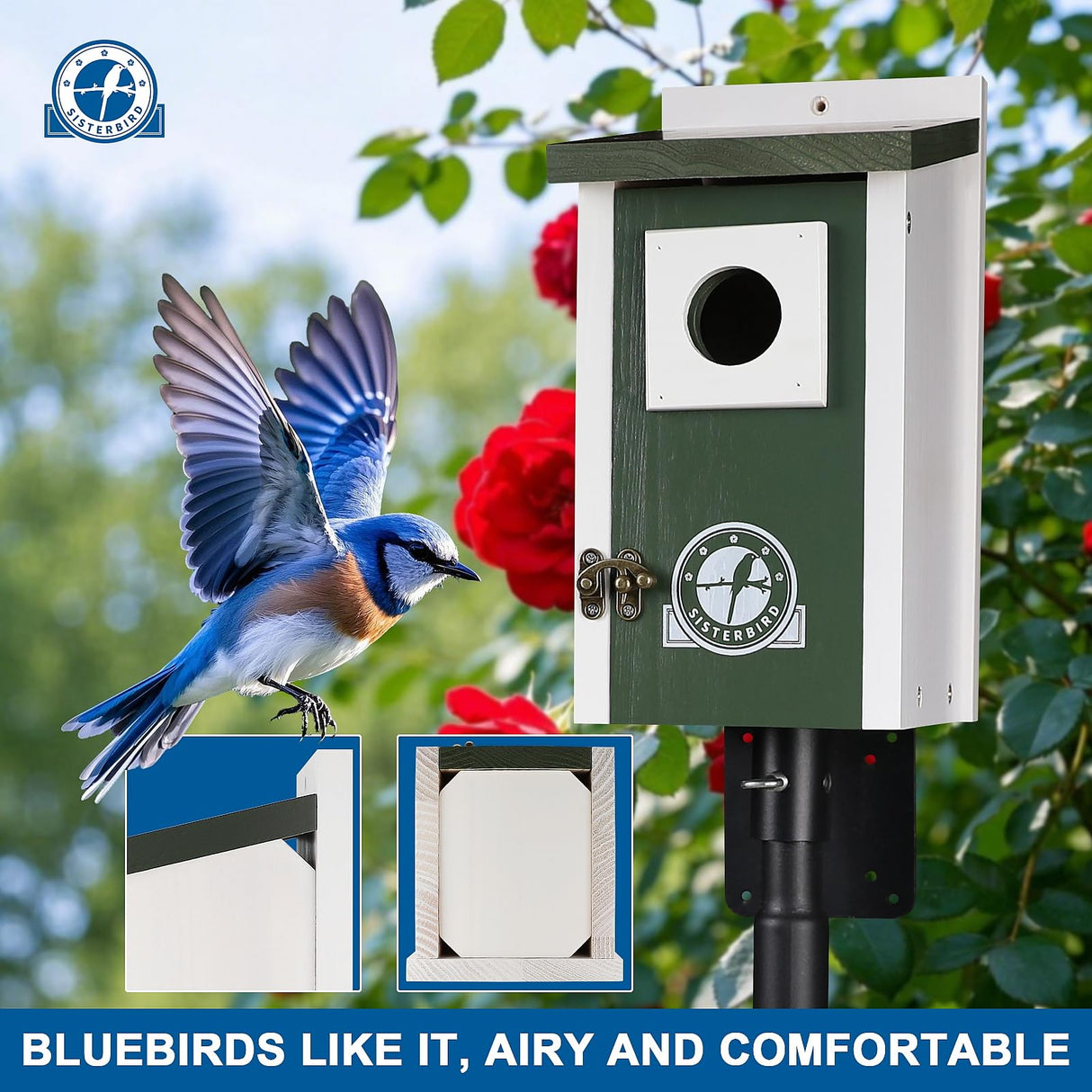 SISTERBIRD Bird Houses for Outside, Dark Green Bird House, Bluebird Houses for Outside, Garden Decoration Birdhouses for Outdoors, Bluebird Finch Swallow Wren Chickadee SISTERBIRD