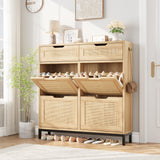 Jocoevol Rattan Shoe Cabinet Storage for Entryway - Hidden Shoes Storage with 4 Flip Drawers, Narrow Shoe Organizer Cabinet for Hallway, Foyer (Brown) Jocoevol