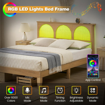 Queen Size Platform Bed Frame with Natural Rattan Headboard and RGB LED Lights - WoodArtSupply