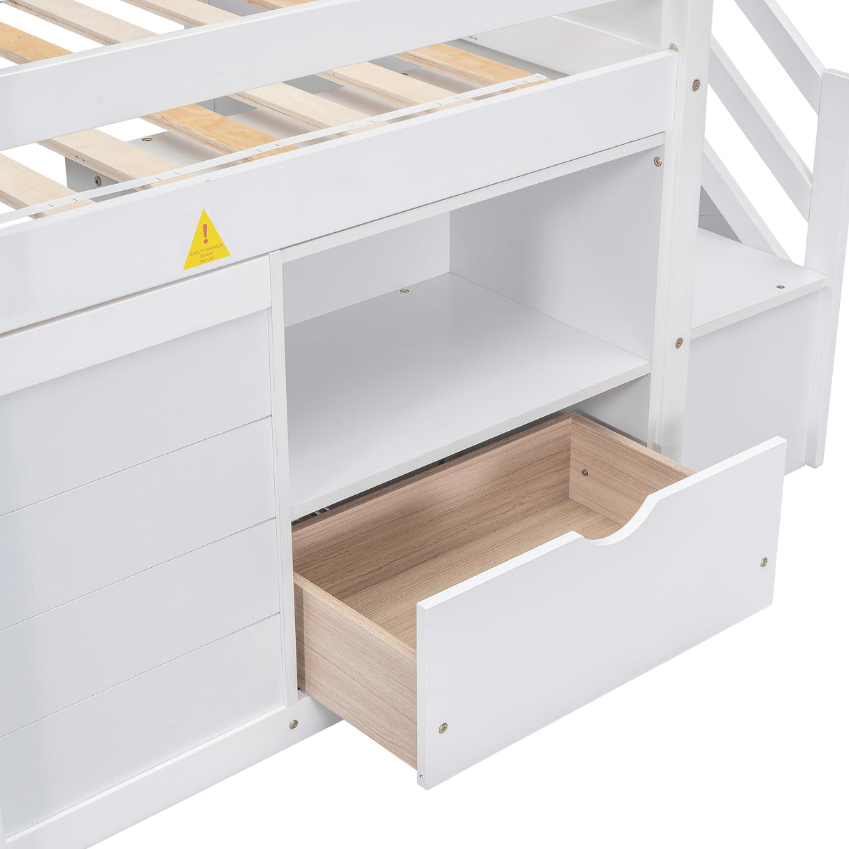 Low Loft Bed with Stairs and Storage, Twin Size Wooden Frame for Kids - White Bellemave