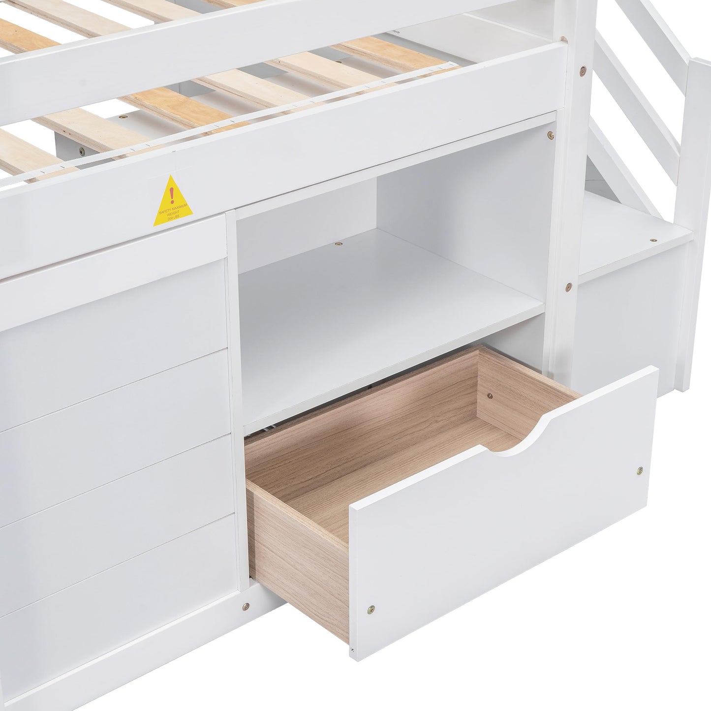 Low Loft Bed with Stairs and Storage, Twin Size Wooden Frame for Kids - White