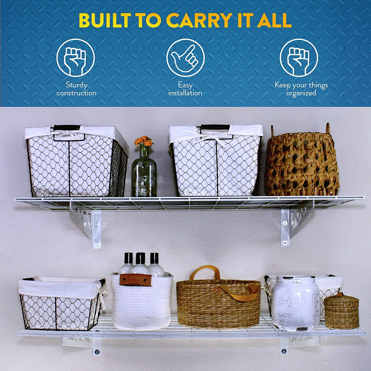 MonsterRax | Garage Wall Shelf Two-Pack White or Hammertone | Three Size Options | Includes Bike Hooks | 300lb Weight Capacity (White, 12''x36'') MR-WS1 12x36-W MonsterRAX Storage Solutions
