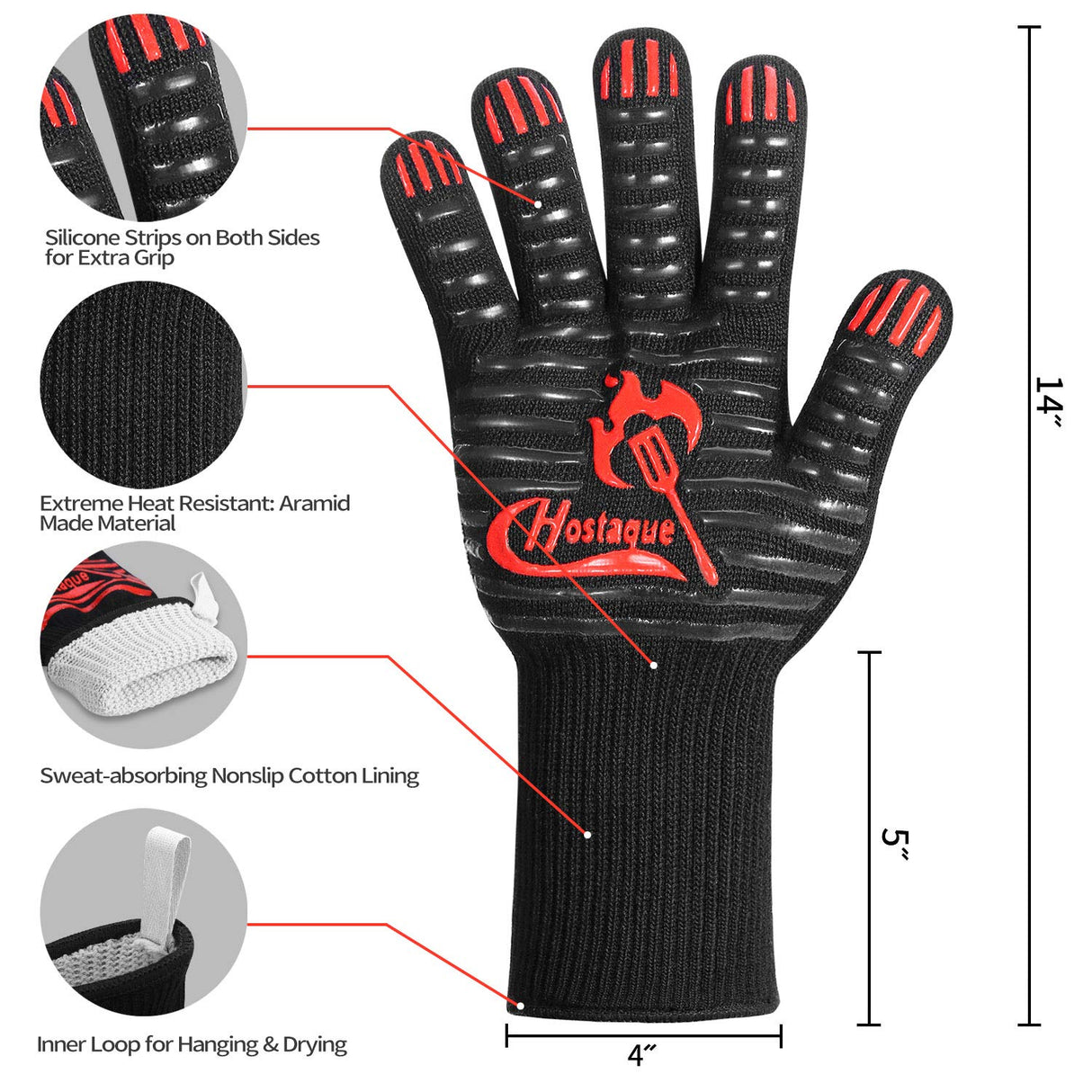 Grilling Gloves 1472℉ Extreme Heat Resistant, 14 Inch Grill BBQ Gloves for Men, Silicone Non-Slip Kitchen Oven Mitts, Hot Cooking Oven Gloves for Grilling, Frying, Baking, Welding, Fireplace Hostaque