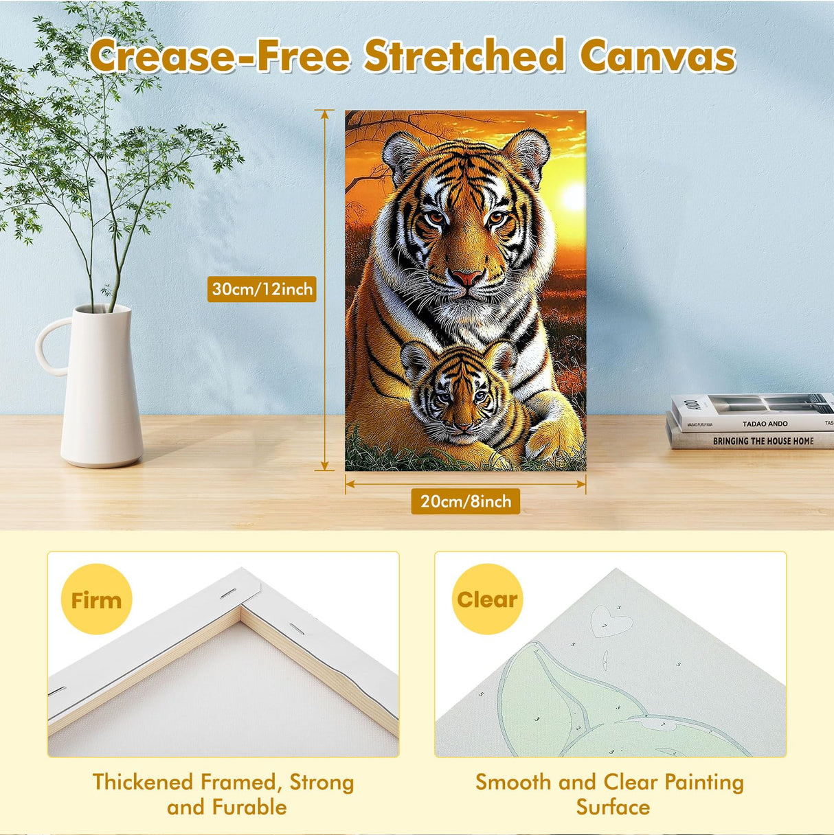 Bowetile Framed Paint by Numbers Tiger for Adults Beginners, Adults' Paint-by-Number Tiger Kits, Easy Adult Paint by Number Kits on Canvas, Acrylic Animals Number Painting for Home Decor, 8x12in Bowetile