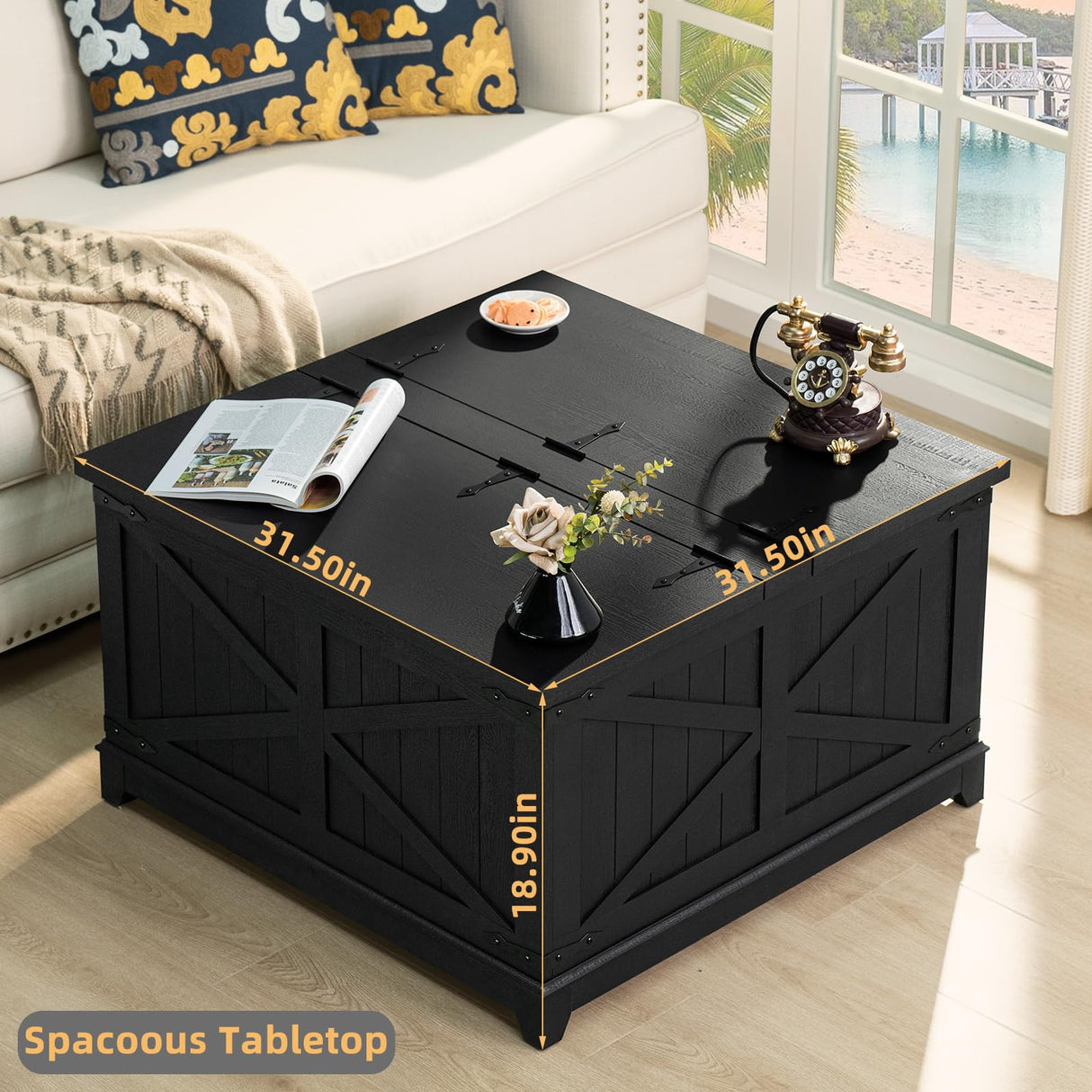 Joaxswe Farmhouse Coffee Table with Hidden Storage Organizer, Black Square Large Center Table, Wood Farm House Low Modern Living Room Tables with Hinged Lift Top for Home, Office Joaxswe