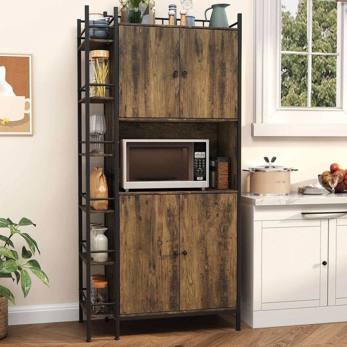 Seeday Industrial Style Kitchen Pantry Storage Cabinet, Brown Tall Kitchen Hutch with Microwave Stand, Food Pantry Cabinet with Side 6 Shelves and 2 Doors for Dining Room, Living Room Seeday