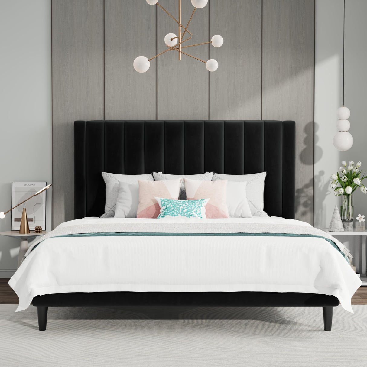 SHA CERLIN Queen Bed Frame/Velvet Upholstered Platform Bed Frame with Headboard/Strong Wood Slats Support/Mattress Foundation/No Box Spring Needed - Black SHA CERLIN