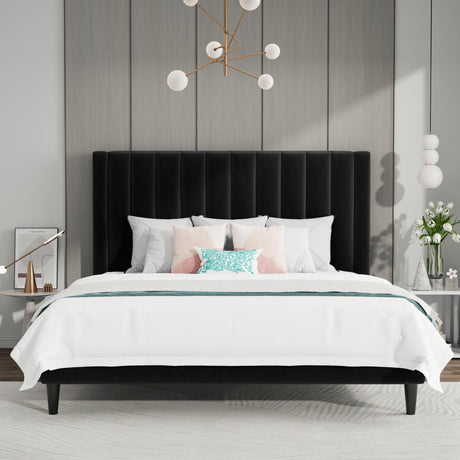 SHA CERLIN Queen Bed Frame/Velvet Upholstered Platform Bed Frame with Headboard/Strong Wood Slats Support/Mattress Foundation/No Box Spring Needed - Black SHA CERLIN