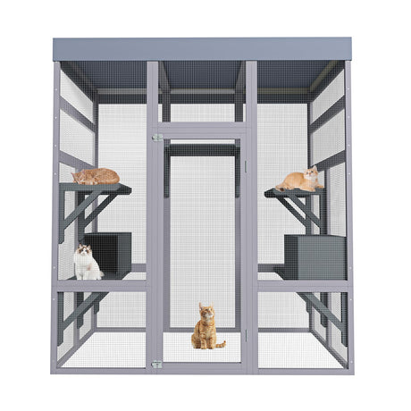 Outdoor Catio Enclosure for Cat, 70" Large Catio Outdoor Cat Enclosure with Waterproof Cover, Wooden Walk in Cats Shelter with 2 Napping House & Jumping Platforms for Backyard Patio Hipicute