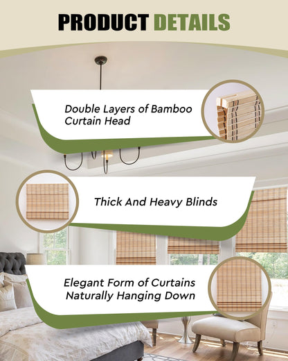 FoundGo 36" W x 72" H Cordless Bamboo Roller Blinds Sun Shade,Retro Light Filtering Roller Bamboo Curtains Bamboo Roll Up Window Bamboo Roller Curtain Shades for Windows,Doorways