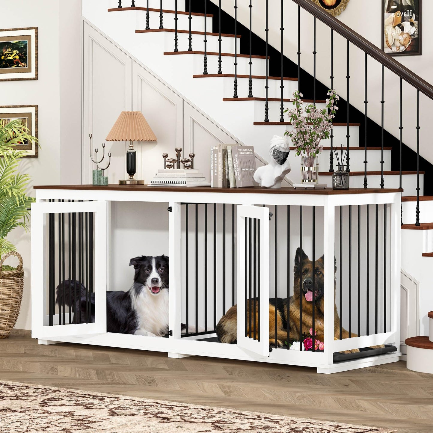 PIAOMTIEE 70.9" Large Double Dog Crate Furniture, Wooden Dog Crate Kennel Furniture with Divider & 2 Trays, Dog Crates Furniture for Large or 2 Medium Dogs Indoor, White - WoodArtSupply