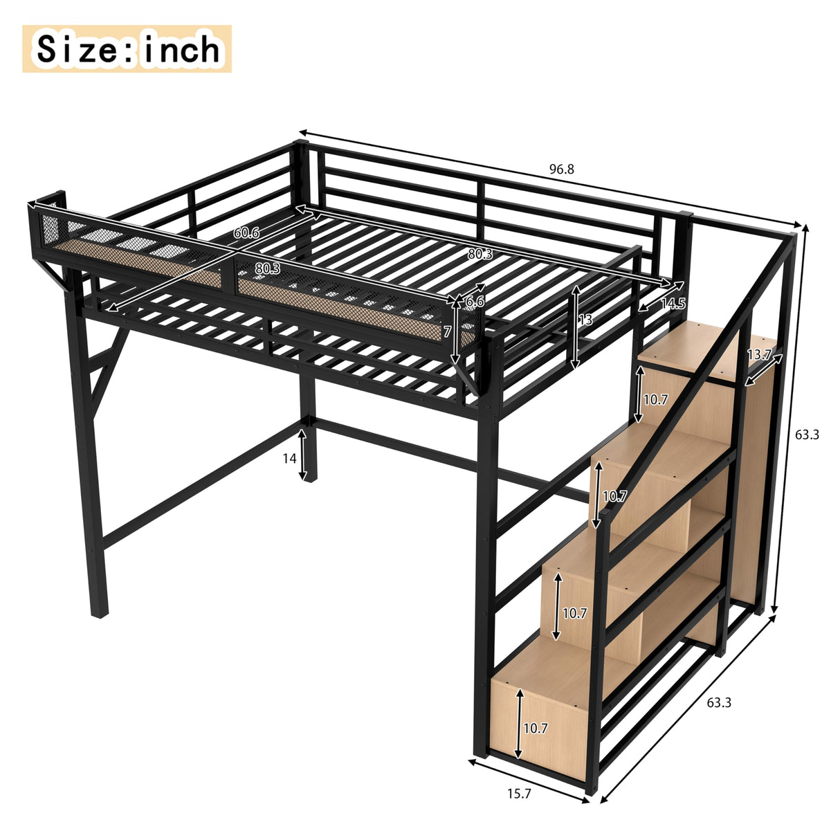 Metal Queen Size Loft Bed with Stairs and Wardrobe,Heavy Duty Loft Bed Frame with LED Lights and Charging Station for for Kids, Teens, Adults, Natural Wood Bellemave