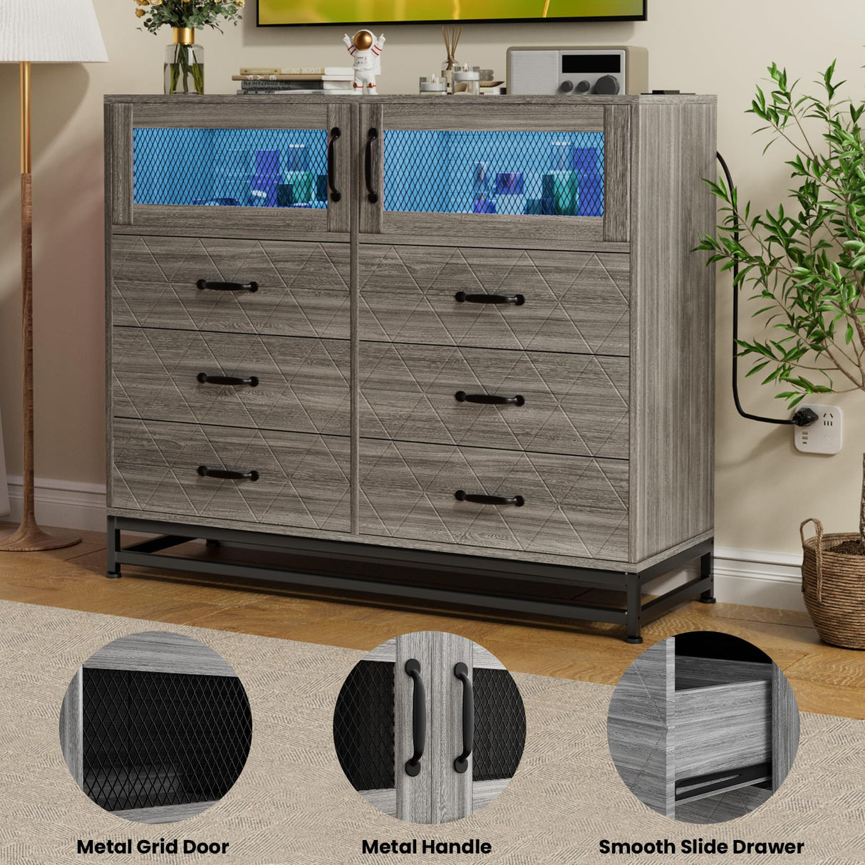 Harmobitat Dresser for Bedroom with LED Lights and Charging Station, Wooden 6 Drawer Double Dresser with 2 Doors, Modern Chest of Drawers for Bedroom, Entryway, Hallway, Grey Harmobitat