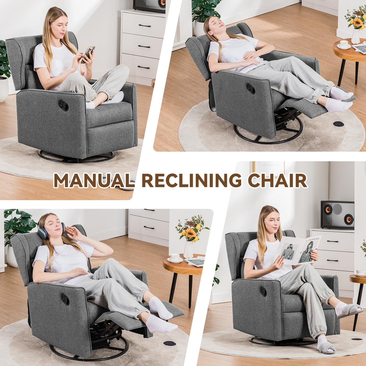 COMHOMA Rocking Recliner Chair,Swivel Glider Reclining Single Sofa Manual Rocker Recliners,Nursery Rocking Chairs with Upholstered Seating for Living Room Office(Grey) COMHOMA