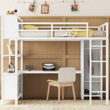 Full Size Loft Bed with Wardrobe and Storage Cubes, Heavy Duty Loft Bed with Desk, Storage Shelf and Guardrail, White Bellemave