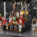 KLM Liquor Bottle Display Shelf, Coffee Syrup Rack Organizer, 3 Step Countertop Liquor Wine Rack, Mini bar,Liquor Cabinet, Home Retro Bar Shelf Stand for Liquor Whiskey, Spirits（Black） KLM