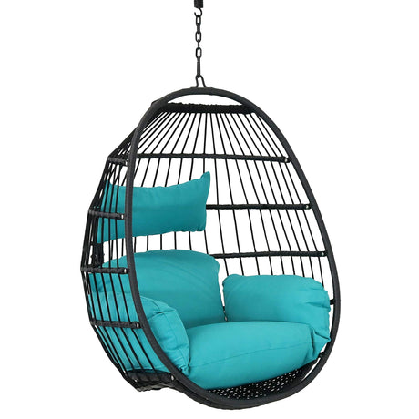 Sunnydaze Dalia Black Steel and Polyethylene Wicker Hanging Egg Chair with Teal Polyester Seat Cushions - 45-Inch Tall Sunnydaze