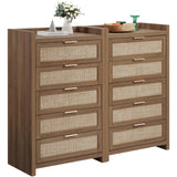 SICOTAS Dresser for Bedroom Chest of Drawers Tall Dresser with 5 Rattan Drawers Wood Dresser for Closet Boho Clothes Storage Tower Large Nightstand Sets for Living Room Hallway Nursery Entryway (2PCS) SICOTAS