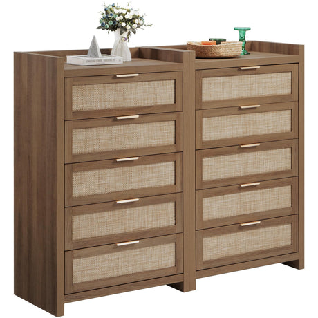 SICOTAS Dresser for Bedroom Chest of Drawers Tall Dresser with 5 Rattan Drawers Wood Dresser for Closet Boho Clothes Storage Tower Large Nightstand Sets for Living Room Hallway Nursery Entryway (2PCS) SICOTAS