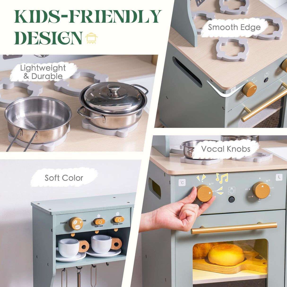 ROBUD Play Kitchen Set, Wooden Play Kitchen with Ice Maker, Fridge, Coffee Machine, Oven, Dishwasher, Microwave, Kitchen Accessories, Toy Kitchen Gift for Boys Girls, 3+ ROBUD
