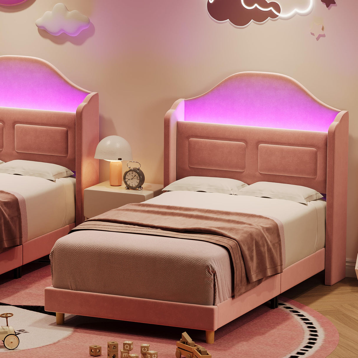 GarveeHome Upholstered Twin Bed Frame with LED Lights, Velvet Platform Bed Frame with Wing Back Storage Headboard, Wood Slats Support, No Box Spring Needed, Easy Assembly, Pink GarveeHome