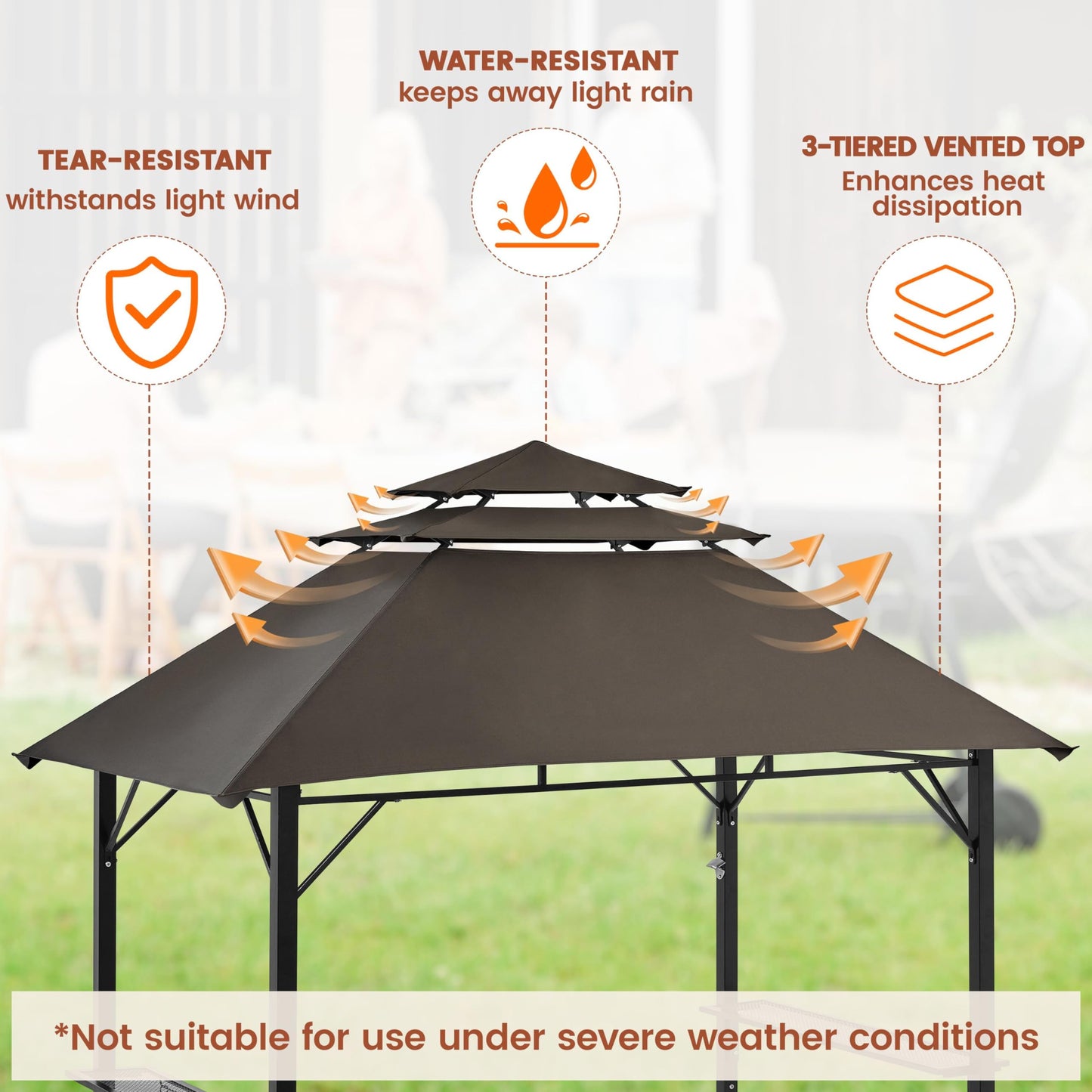 Yaheetech 8×5' Grill Gazebo, 3-Tier Outdoor BBQ Gazebo with Height-Adjustable Shelves & 10 S-Shaped Hooks & Built-in Bottle Opener, Brown - WoodArtSupply