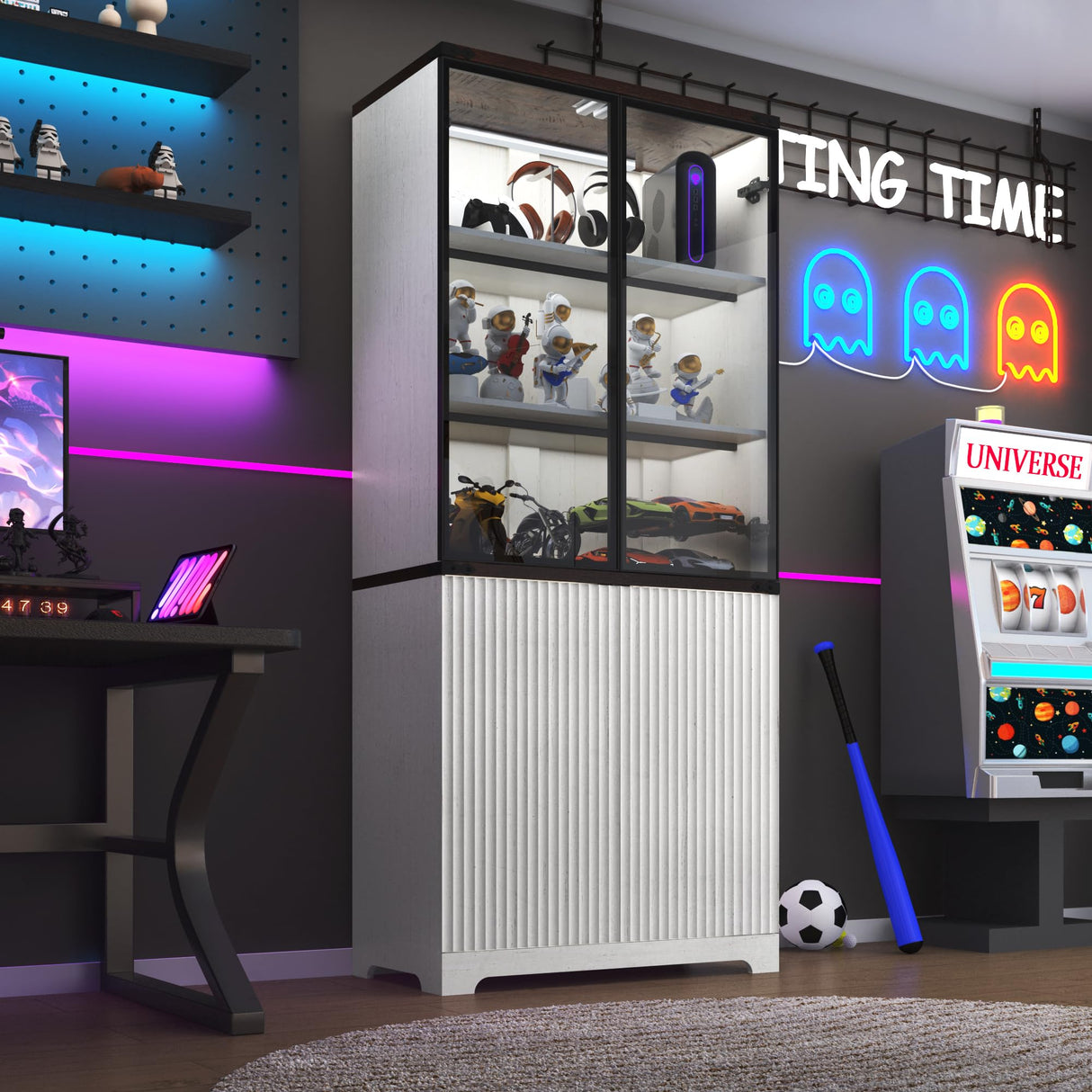 chartustriable 71" Tall Glass Display Cabinet with LED Sensor Light & Pop-up Glass Doors, Modern Fluted Bookcase with Shelves, Curio Storage Cabinet, Living Room, Office, Bedroom, Off White chartustriable