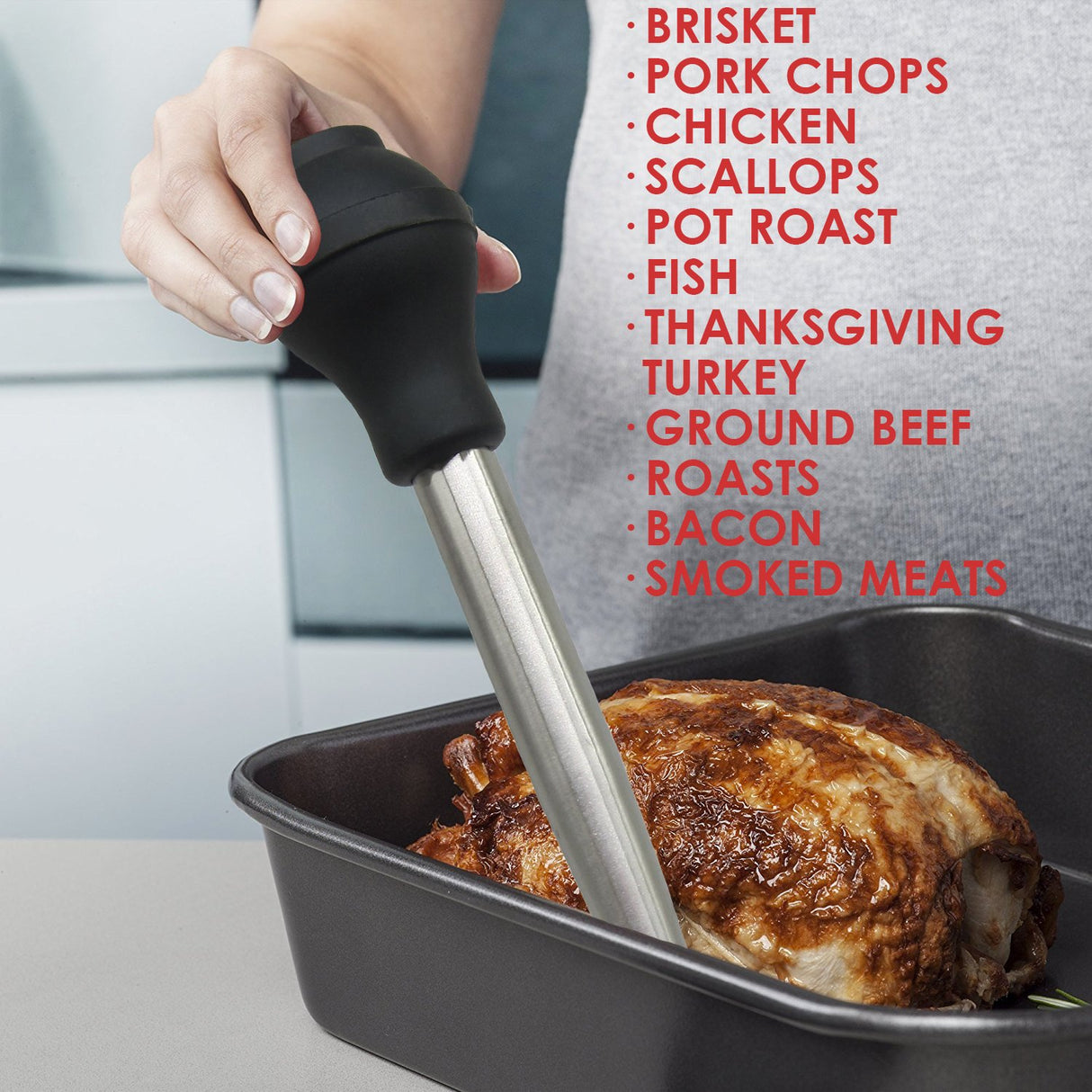 KAYCROWN Stainless Steel Turkey Baster Commercial Grade Quality Silicone Bulb Including 2 Marinade Injector Needles And Basting Brush KAYCROWN