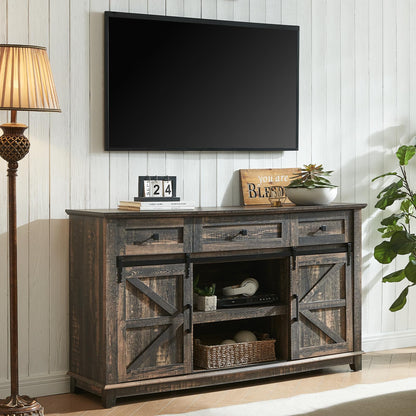 AMERLIFE Farmhouse TV Stand for Televisions up to 65 Inchs, Entertainment Center with Sliding Barn Doors and Storage Drawers, 59" TV Stand with Cabinets, Rustic Oak Black - WoodArtSupply