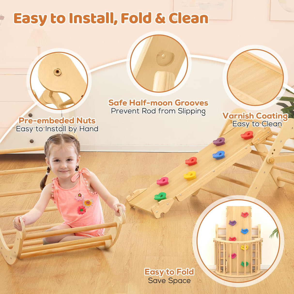 FUNLIO Foldable Pikler Triangle Set, Montessori Climbing Set with Solid Wood for Toddlers 2-5 yrs, Adjustable 5-in-1 Indoor Play Gym with Arch/Slide/Climbing Rock/Triangle, Easy to Install-Medium Size FUNLIO