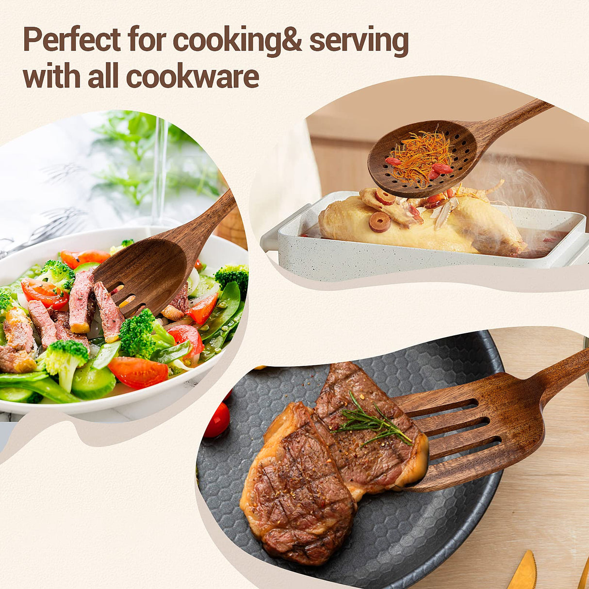 TANAAB Kitchen Wooden Spoons Utensils Set for Cooking, 5 Piece Acacia Wood Spoon Cooking Utensils Apartment Essentials Wooden Turner Spoon Spatula Kitchen Set for Nonstick Cookware (5-pieces-set) TANAAB