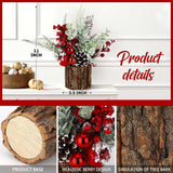 Small Christmas Tree Tabletop Artificial Mini Christmas Tree Decorations with Holiday Ornaments Red Berry Pine Cone Greenery for Home Indoor Fireplace Mantel Xmas Decor (Tree Stump-Red) KPX