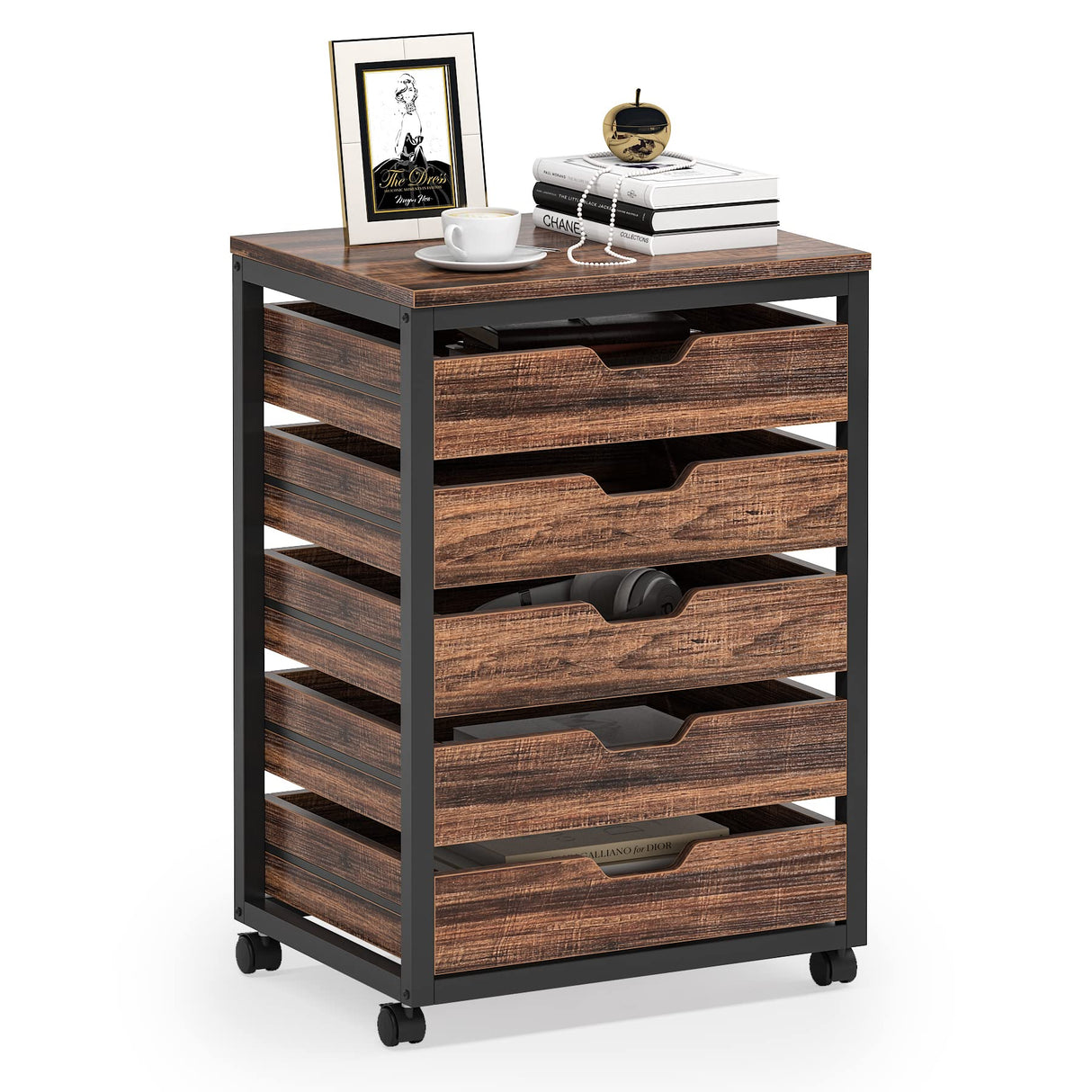 Tribesigns 5 Drawer Chest, Wood Storage Dresser Cabinet with Wheels, Industrial Storage Drawer Organizer Cart for Office Bedroom Entryway (Rustic Brown, 1 PC) Tribesigns
