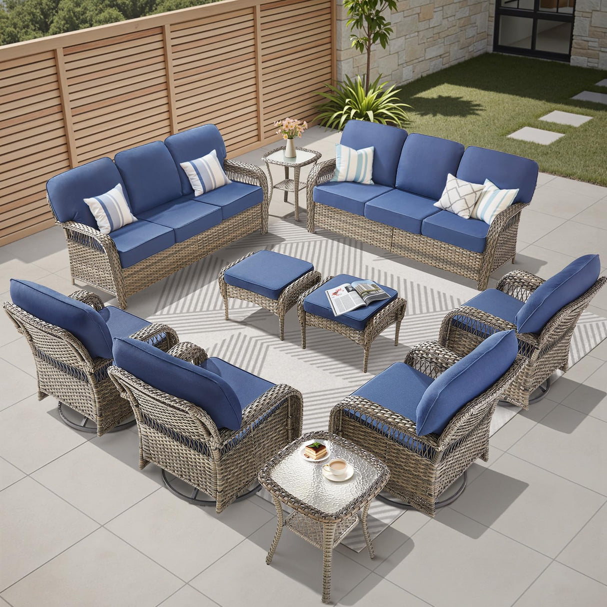 10 Pieces Patio Furniture Set Outdoor Sectional Sofa Couch with Rocking Swivel Chairs 5" Deep Seat Chairs, Modern Wicker Rattan Conversation Set, Blue/Gray Wicker Pugire