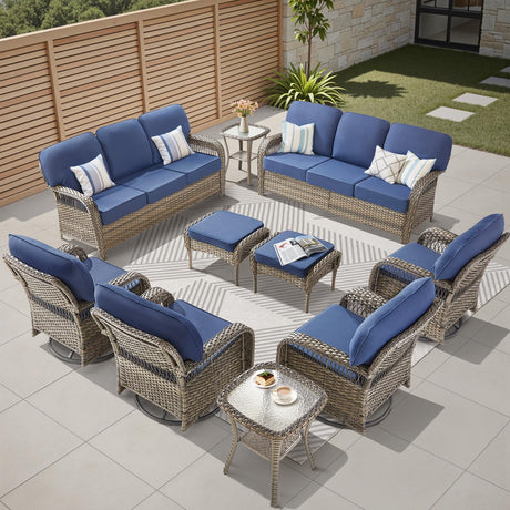 10 Pieces Patio Furniture Set Outdoor Sectional Sofa Couch with Rocking Swivel Chairs 5" Deep Seat Chairs, Modern Wicker Rattan Conversation Set, Blue/Gray Wicker Pugire