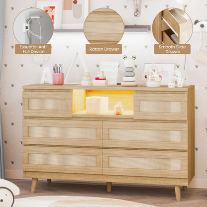 Rattan Dresser for Bedroom with Led Light and Charging Station, 6 Drawer Double Dressers, Modern Wooden Dresser Chest, Beside Table for Closet, Nursery, Living Room,Natural