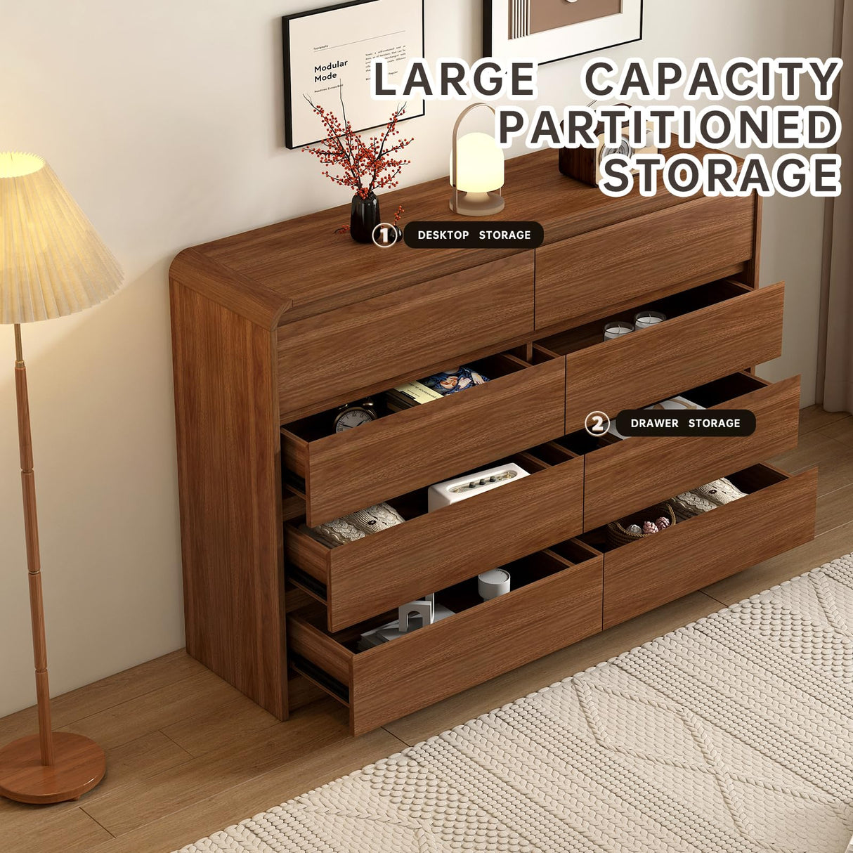 Messenya Modern 8-Drawer Dresser 55-Inch Wide, Curved Anti-Collision Design, Mid-Century Storage Cabinet with Pre-Embedded Slots, Sturdy Reusable, Ideal for Bedroom/Living Room/TV (Brown, 8-55.1) Messenya