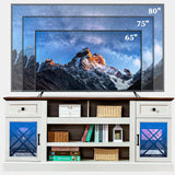 ENOUSHU 70 inch Farmhouse TV Stand Table for 75 80 inch TV, Modern Entertainment Center with LED Lights and Glass Doors, Wooden White tv Stands for Living Room ENOUSHU