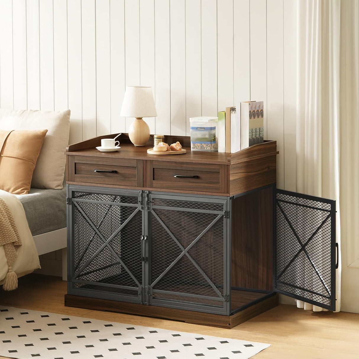 HOOBRO 43.3” Dog Crate Furniture, XL Heavy Duty Dog Kennel with Drawers, Wooden Crate Indoor Side End Table for Medium to Large Dogs, Triple Door Design, Walnut and Black HOOBRO