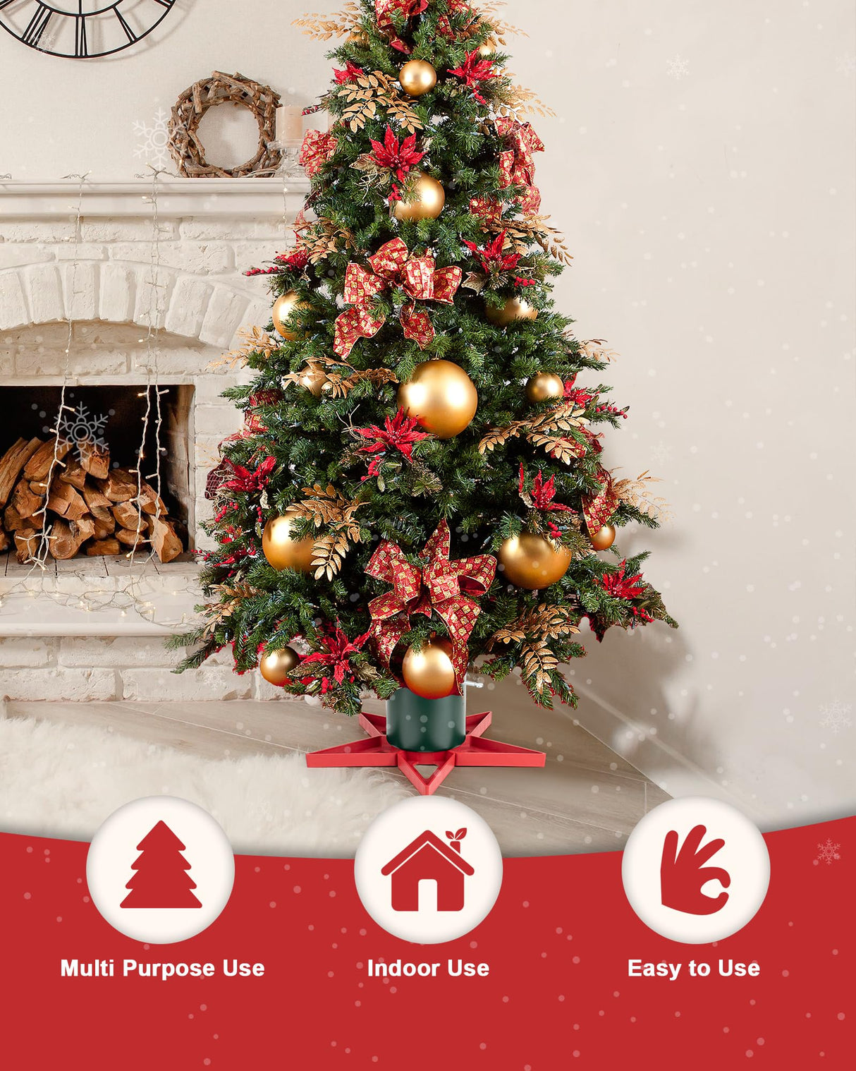 GuuG Real Christmas Tree Stand Base - Live Trees Small Christmas Tree Holder up to 6.5ft Trees for Real Xmas Trees 0.53 Gal Star+ Green&Red GuuG