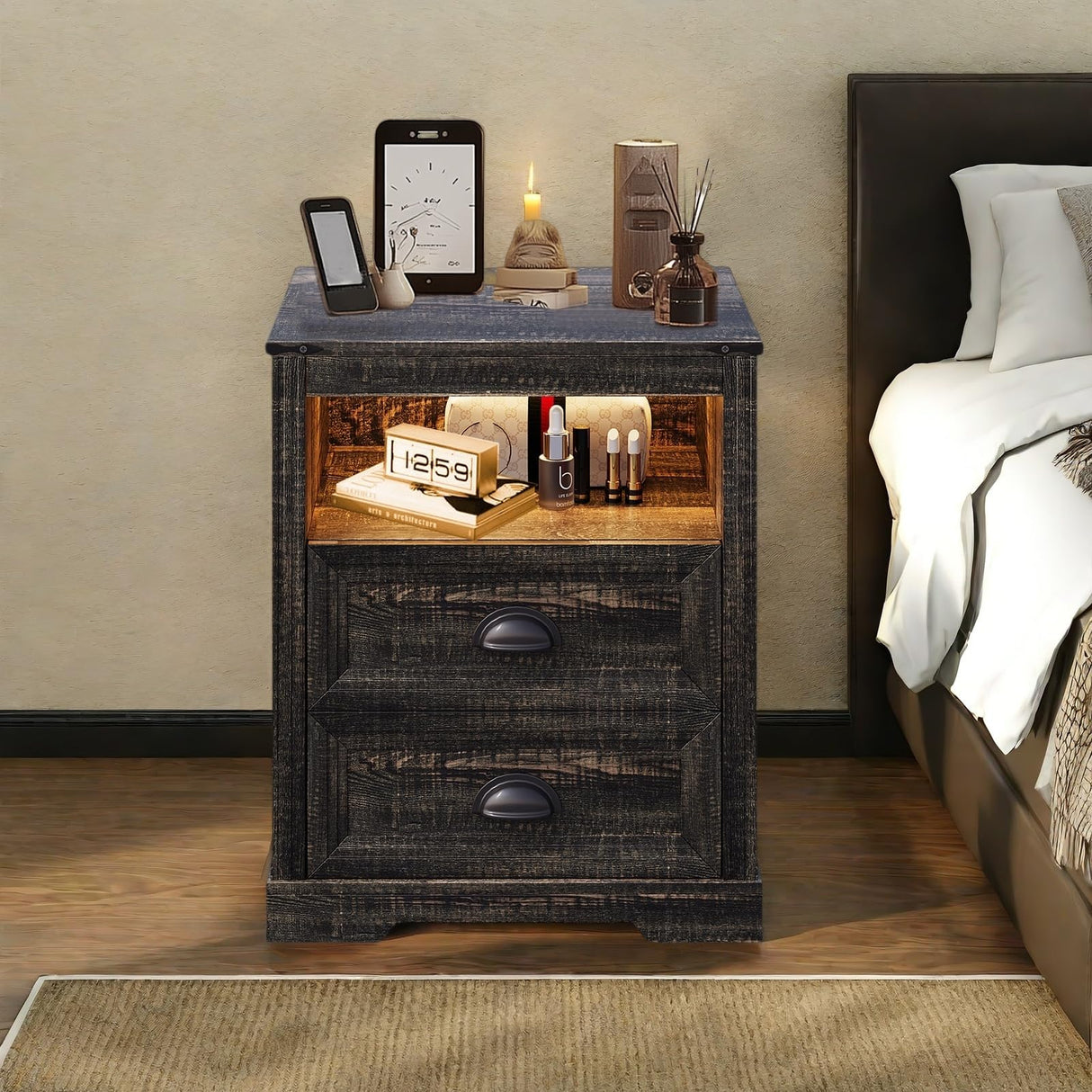 FONTOI Farmhouse Nightstand, End Table with Drawers & Charging Station, Bedside Table with 3 LED Lights Modes, Wood Nightstand with Smart Human Sensor for Bedroom, Brown, Set of 2 FONTOI