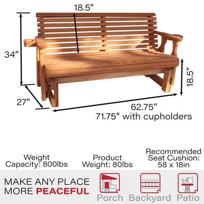 Amish Casual Heavy Duty 800 Lb Roll Back Pressure Treated Porch Glider with Cupholders (5 Foot, Cedar Stain) - WoodArtSupply