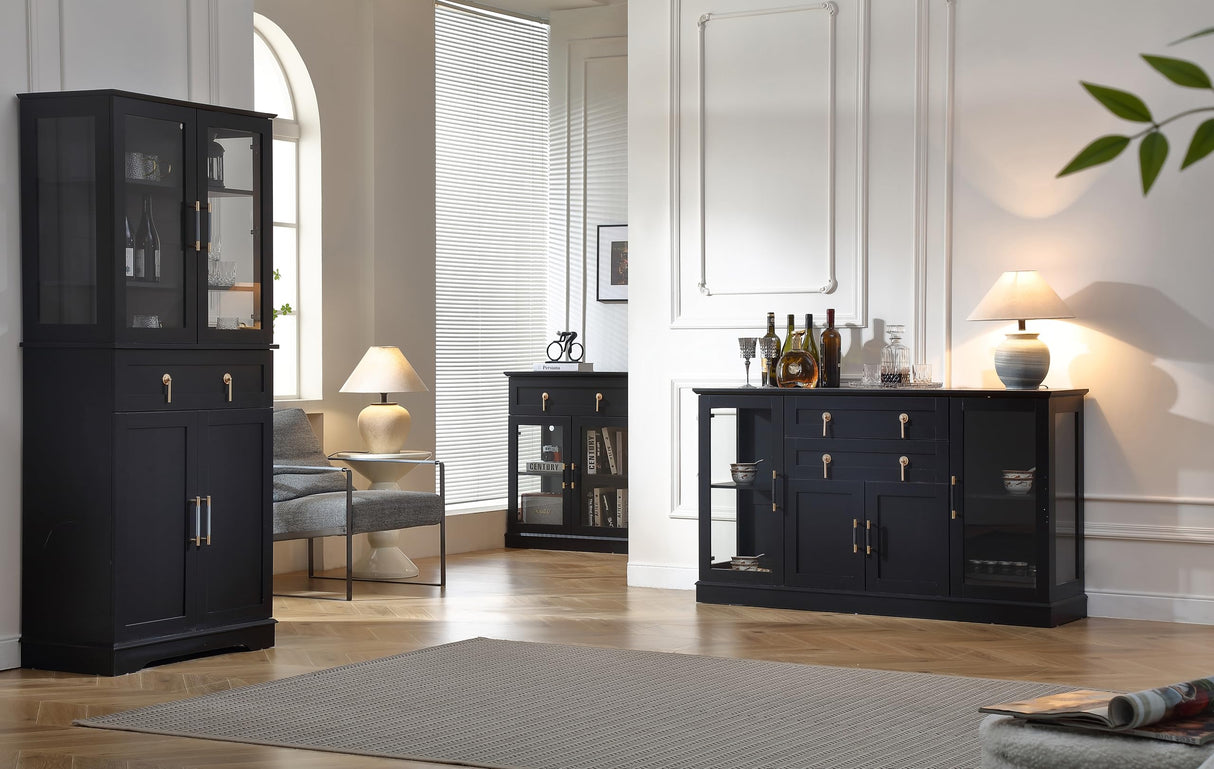 FOREST GRAVITY 71''Tall Pantry Cabinet,Kitchen Pantry,LED Lighting Display Cabinet,a Drawer,3 Adjustable Shelves,Pantry for Dining Room and Kitchen 3 Side Panels of Glass for Better Showcase,Black FOREST GRAVITY