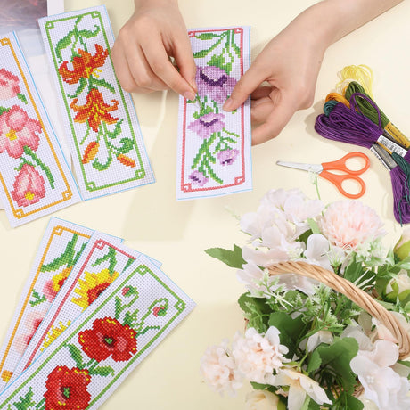 ORIGACH 6 Set Flowers Cross Stitch Bookmark Kit for Beginner with Backing Felt Floss Instructions DIY Stamped Embroidery Bookmark Kit for Adults, Book Lovers ORIGACH